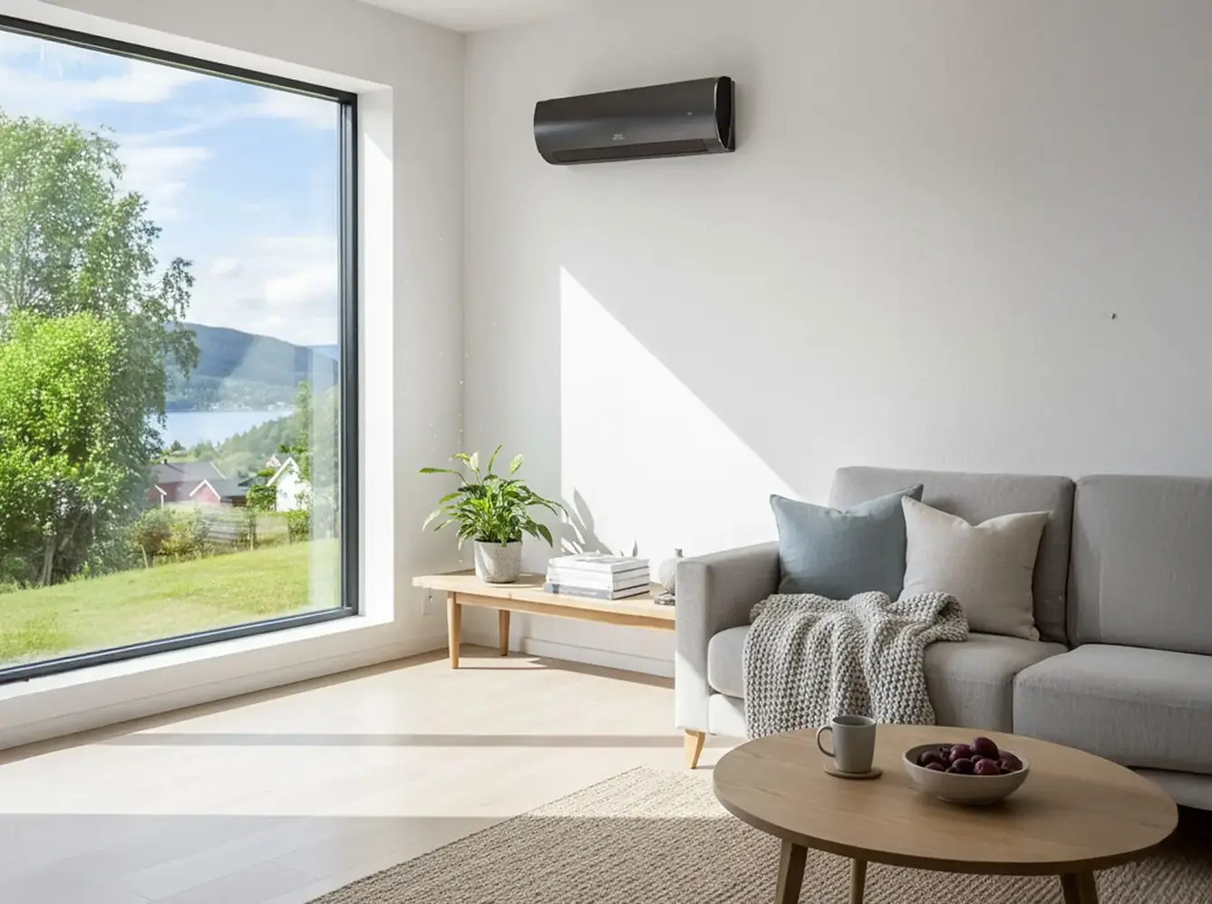 Stue i skandinavisk stil med varmepumpe