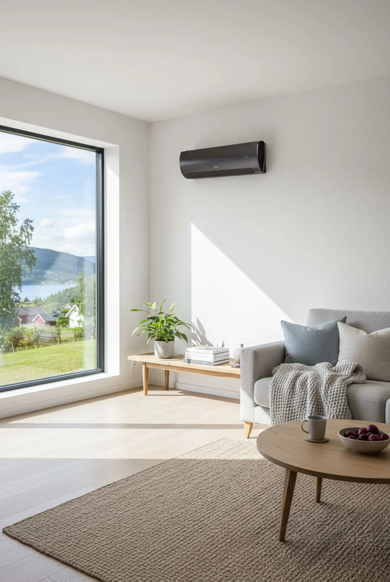 Cooper & Hunter varmepumpe i moderne skandinavisk stue med utsikt over norsk natur